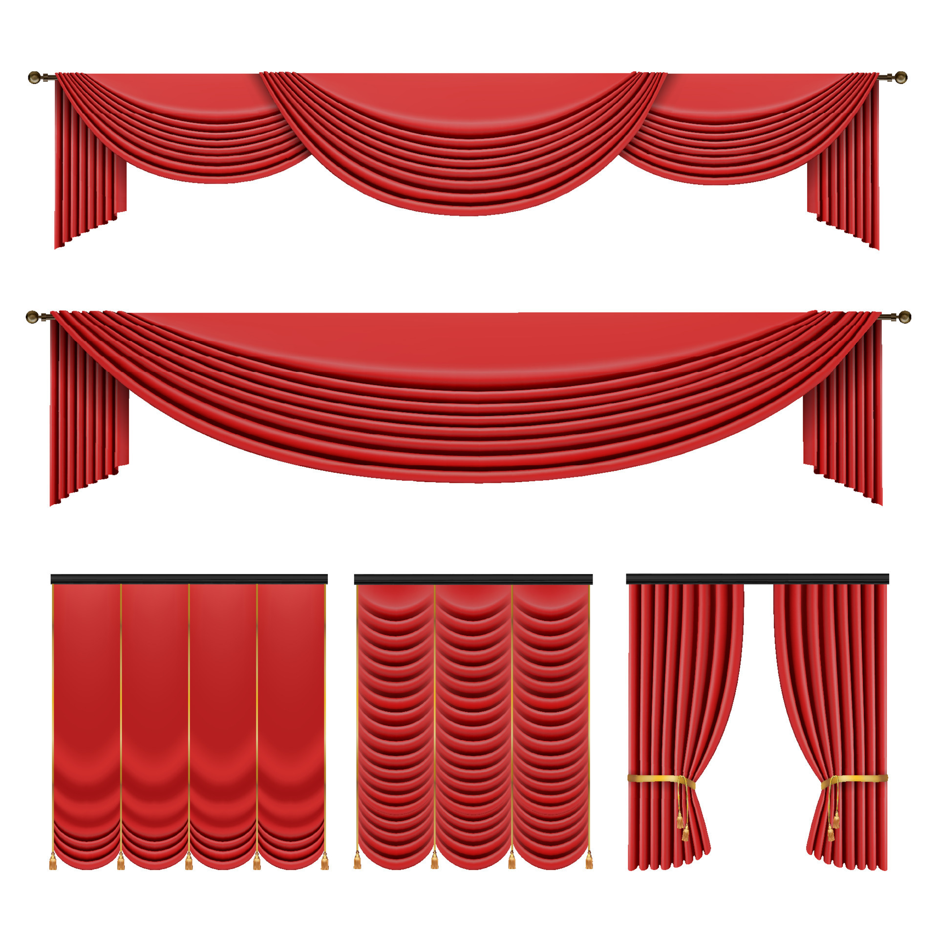 Red curtains set in classic style isolated on white background