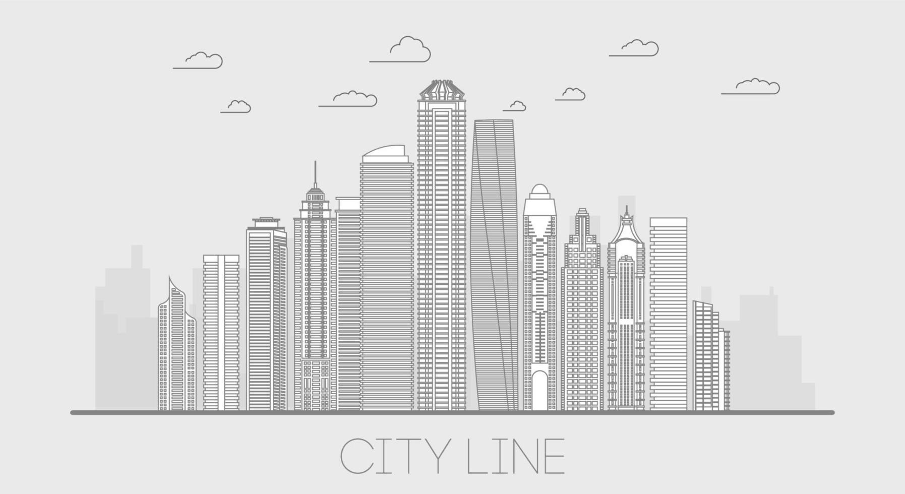 City line illustration panorama. Cityscape line art building. Skyline thin line vector illustration.