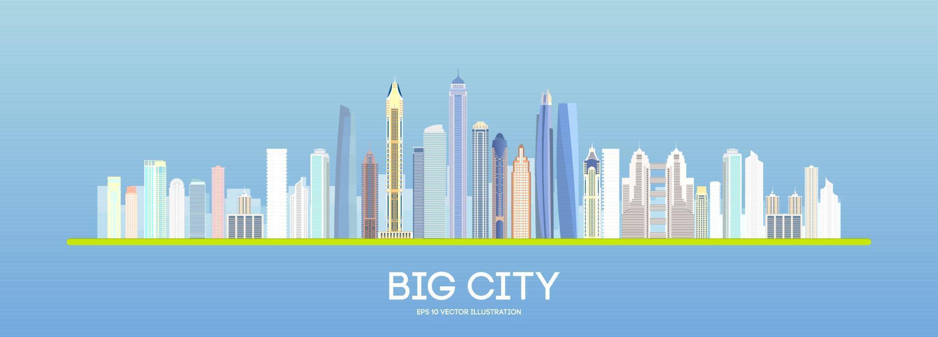 Flat vector city building design. Urban skyline cityscape. Town landscape with high skyscrapers. Vector illustration. EPS 10