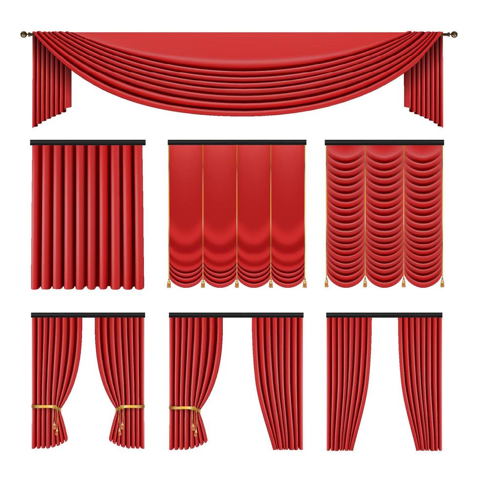 Red curtains set in classic style isolated on white background. Realistic 3d Luxury vector illustration.