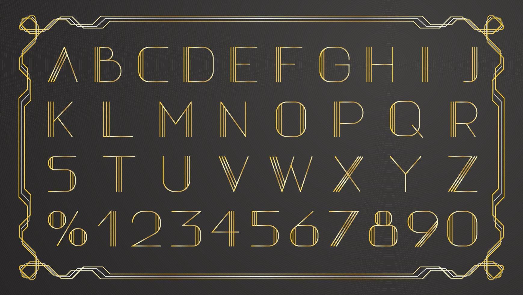Retro gold thin retro font on black background. Vintage vector gold border.