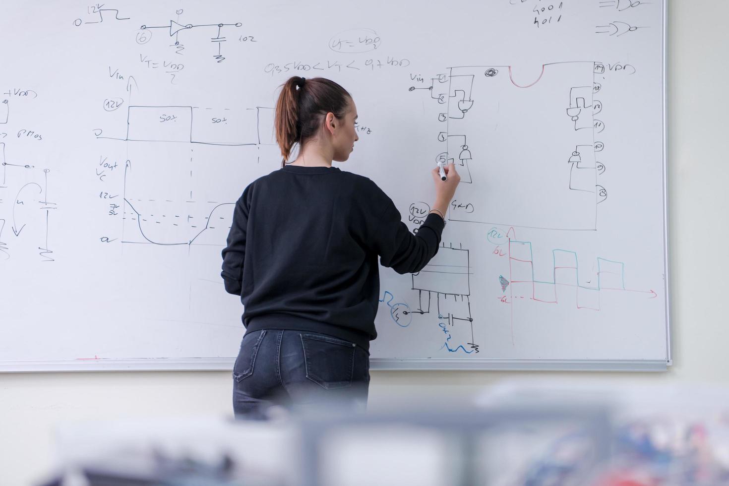 female student writing on board in classroom photo