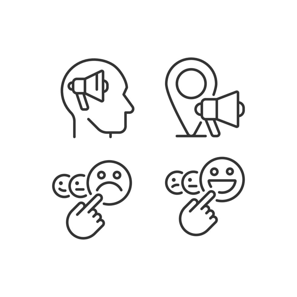 Promotion and feedback pixel perfect linear icons set. Neuromarketing. Local marketing. Client satisfaction. Customizable thin line symbols. Isolated vector outline illustrations. Editable stroke