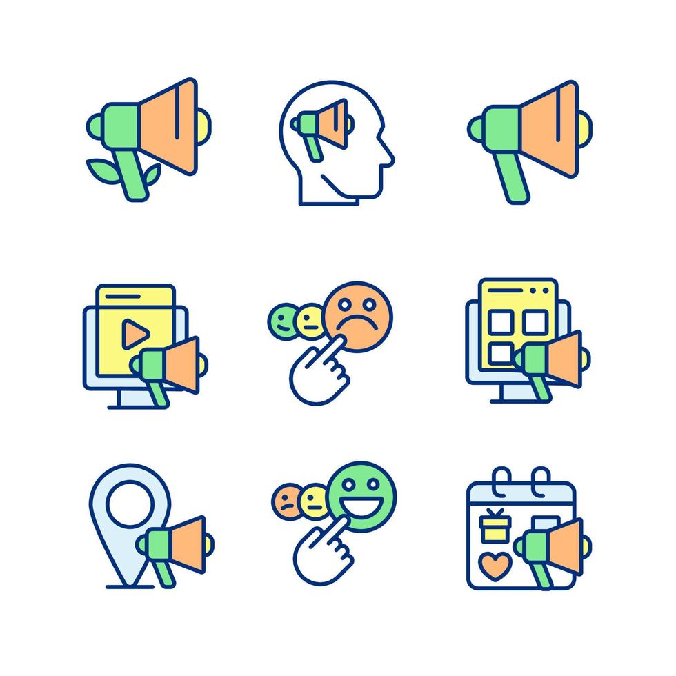 Marketing channels pixel perfect RGB color icons set. Share information. Customer satisfaction. Brand awareness. Isolated vector illustrations. Simple filled line drawings collection. Editable stroke