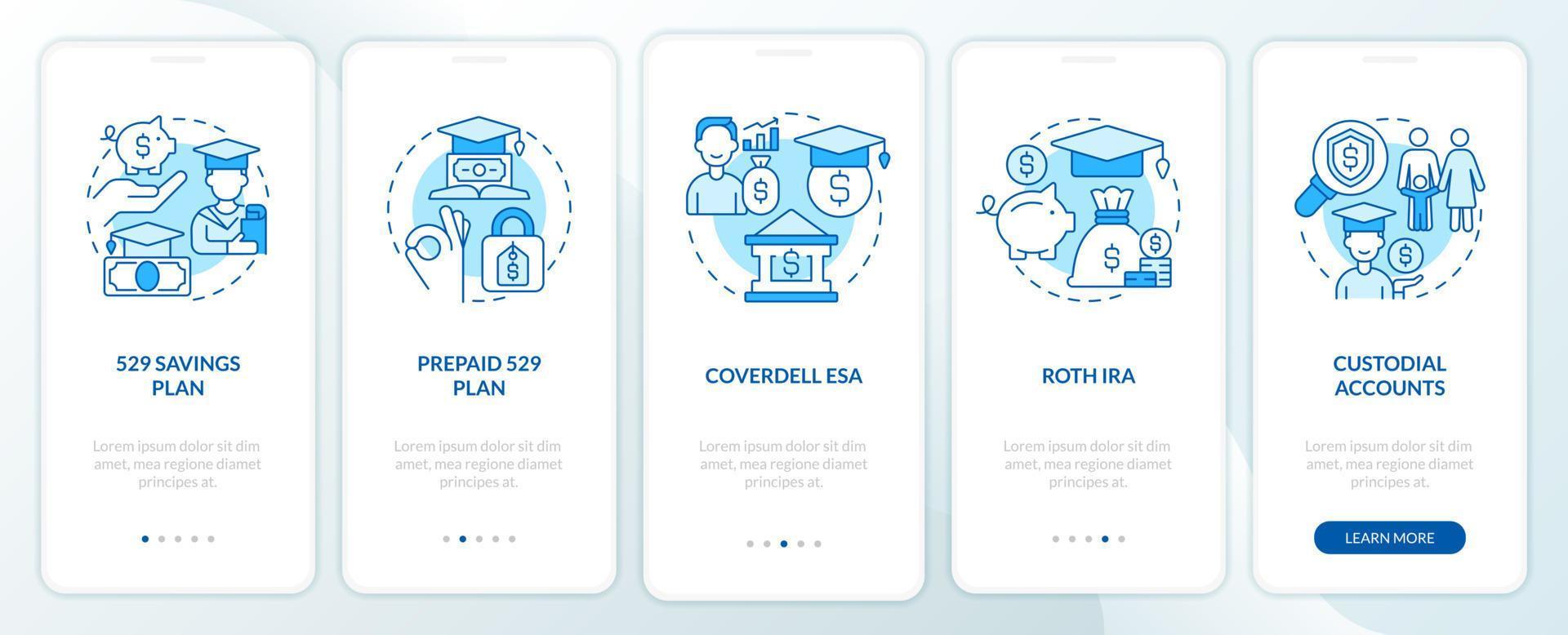 Account types for college savings blue onboarding mobile app screen. Walkthrough 5 steps editable graphic instructions with linear concepts. UI, UX, GUI template. vector