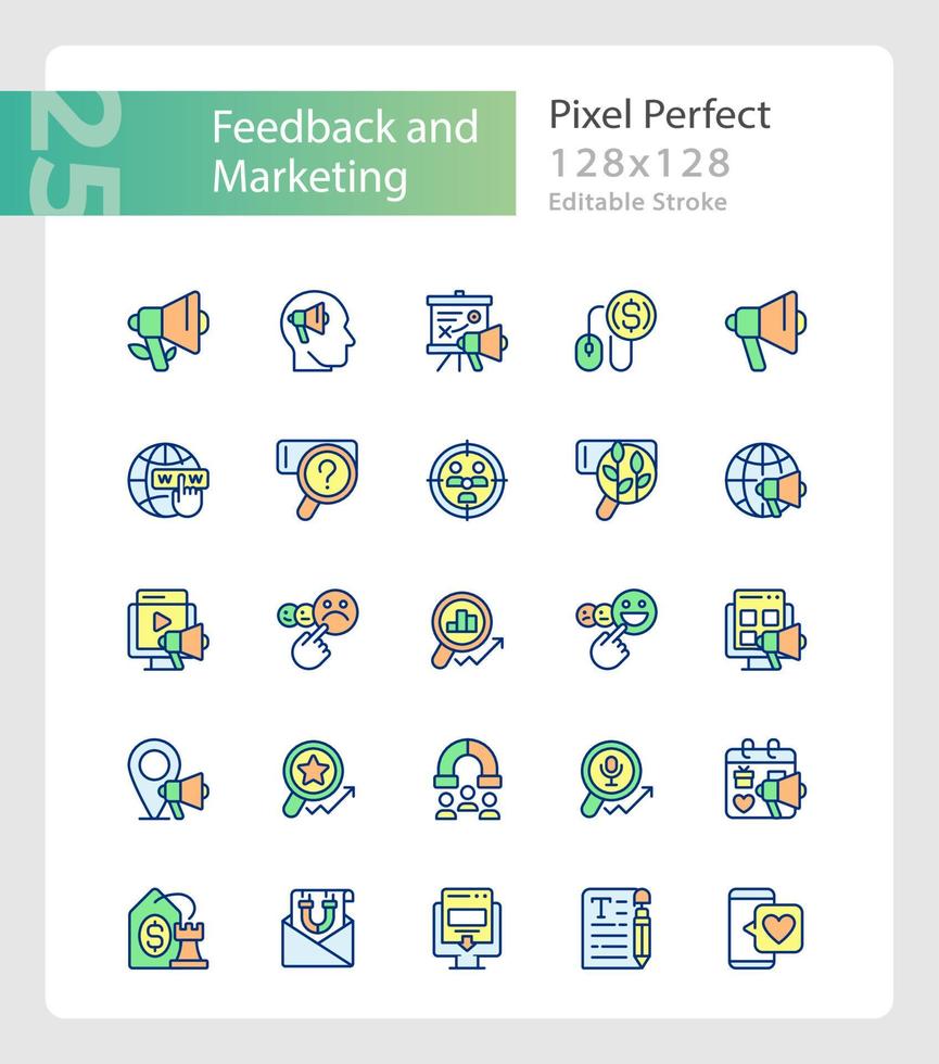 Feedback and marketing pixel perfect RGB color icons set. Advertising optimization. Customer engagement. Isolated vector illustrations. Simple filled line drawings collection. Editable stroke