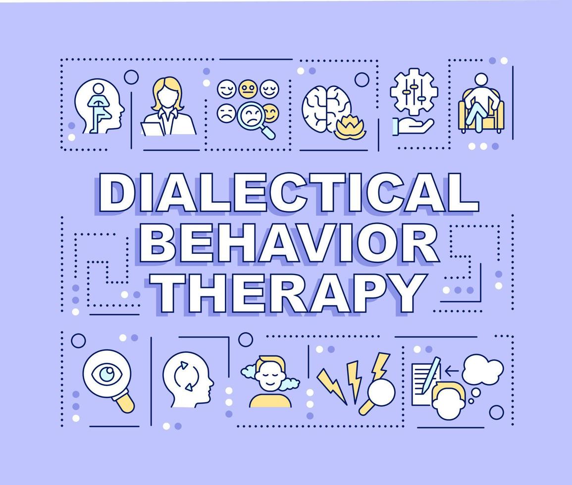 Dialectical behavior therapy word concepts light purple banner. Infographics with editable icons on color background. Isolated typography. Vector illustration with text.