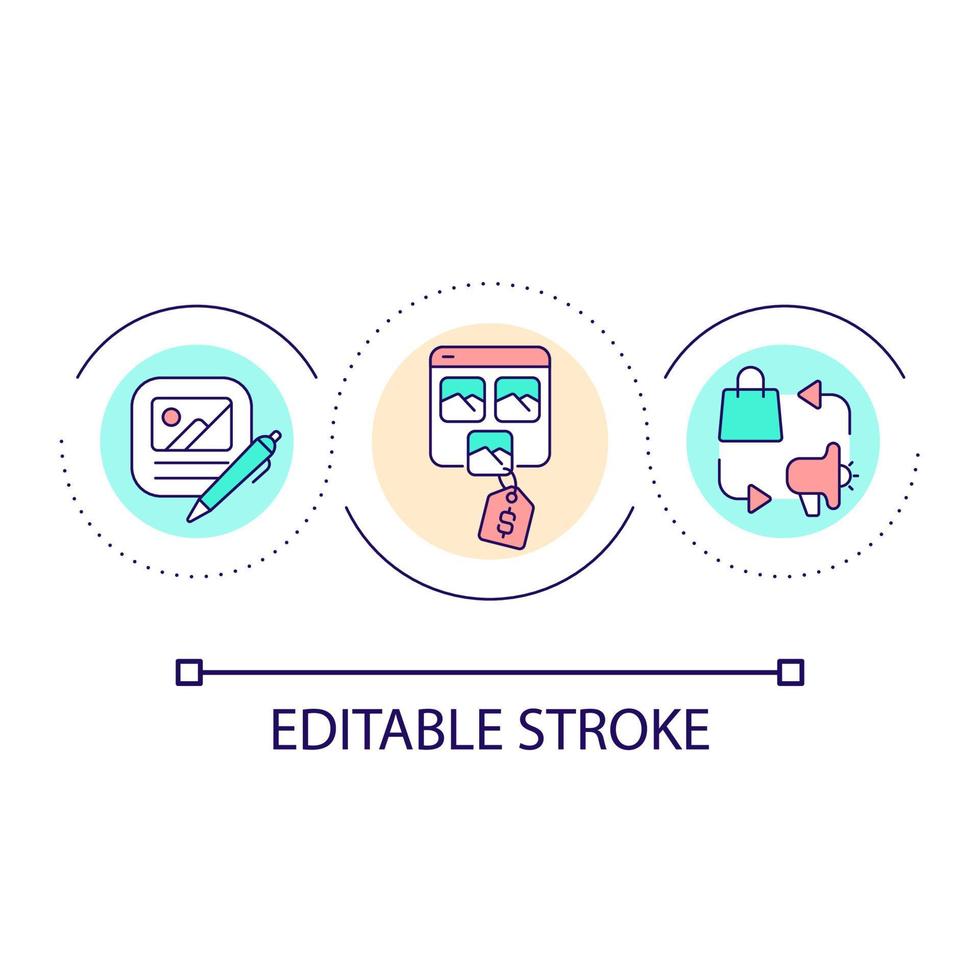 Promotional campaign loop concept icon. Content and products exchange. Social media marketing abstract idea thin line illustration. Isolated outline drawing. Editable stroke. vector