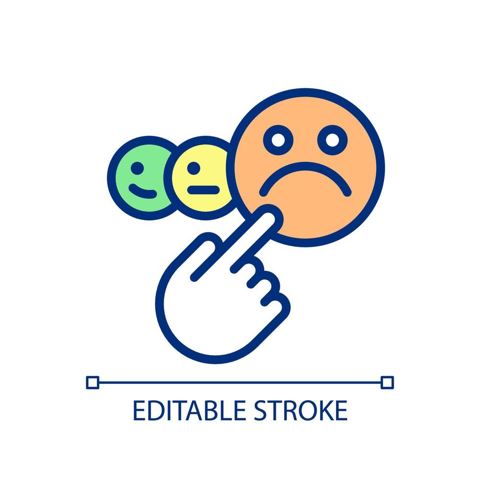 Negative feedback pixel perfect RGB color icon. Customer dissatisfaction. Bad review. Angry consumer. Isolated vector illustration. Simple filled line drawing. Editable stroke.