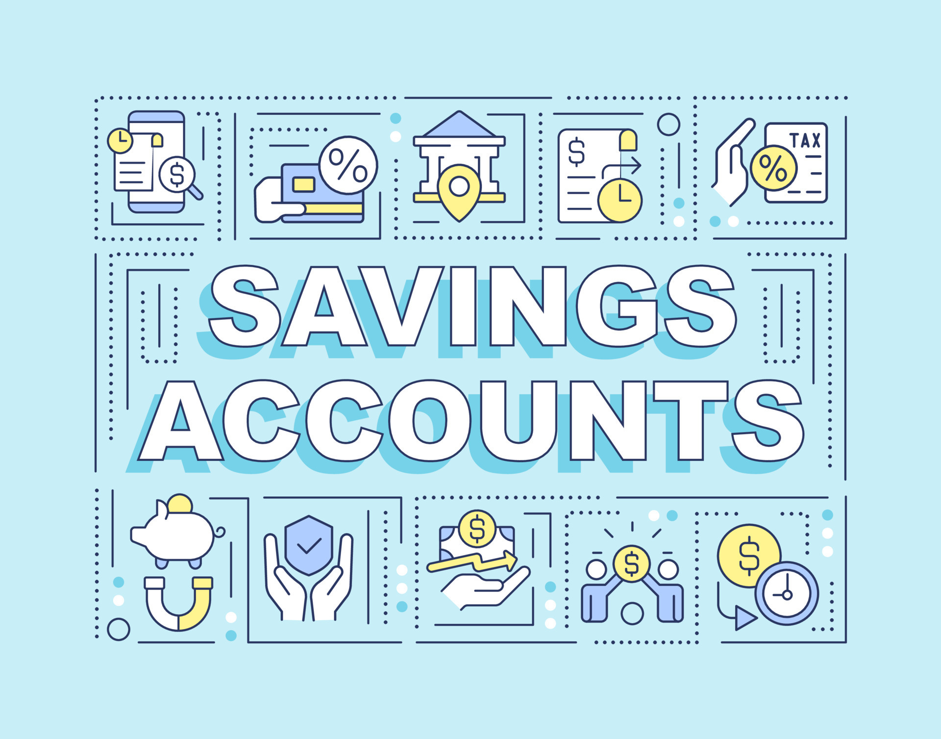 Saving accounts word concepts turquoise banner. Banking. Infographics