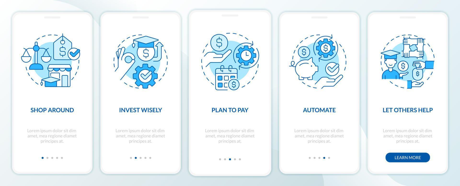 Saving for college tips blue onboarding mobile app screen. Funds walkthrough 5 steps editable graphic instructions with linear concepts. UI, UX, GUI template. vector