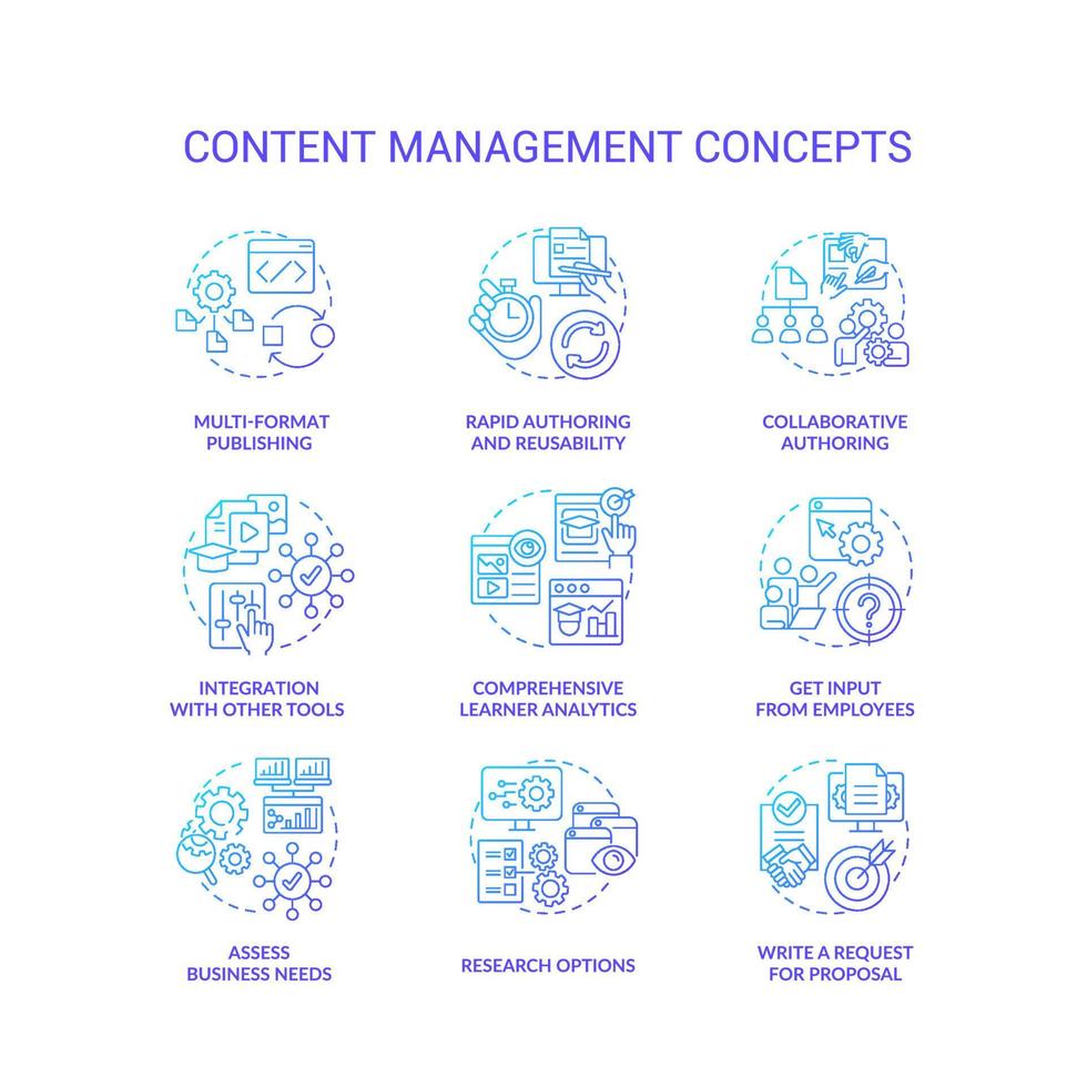 Content management blue gradient concept icons set. LMS, CMS functionalities idea thin line color illustrations. Social media. Ecommerce. Isolated symbols. vector