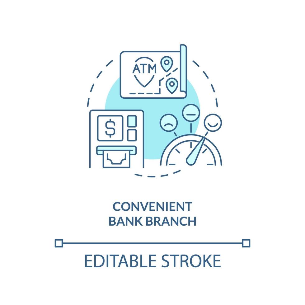 Convenient bank branch turquoise concept icon. Customer comfort. Choose bank abstract idea thin line illustration. Isolated outline drawing. Editable stroke. vector