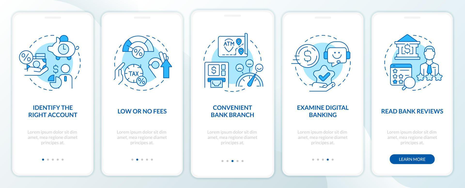 Choose bank blue onboarding mobile app screen. Customer benefits walkthrough 5 steps editable graphic instructions with linear concepts. UI, UX, GUI template. vector
