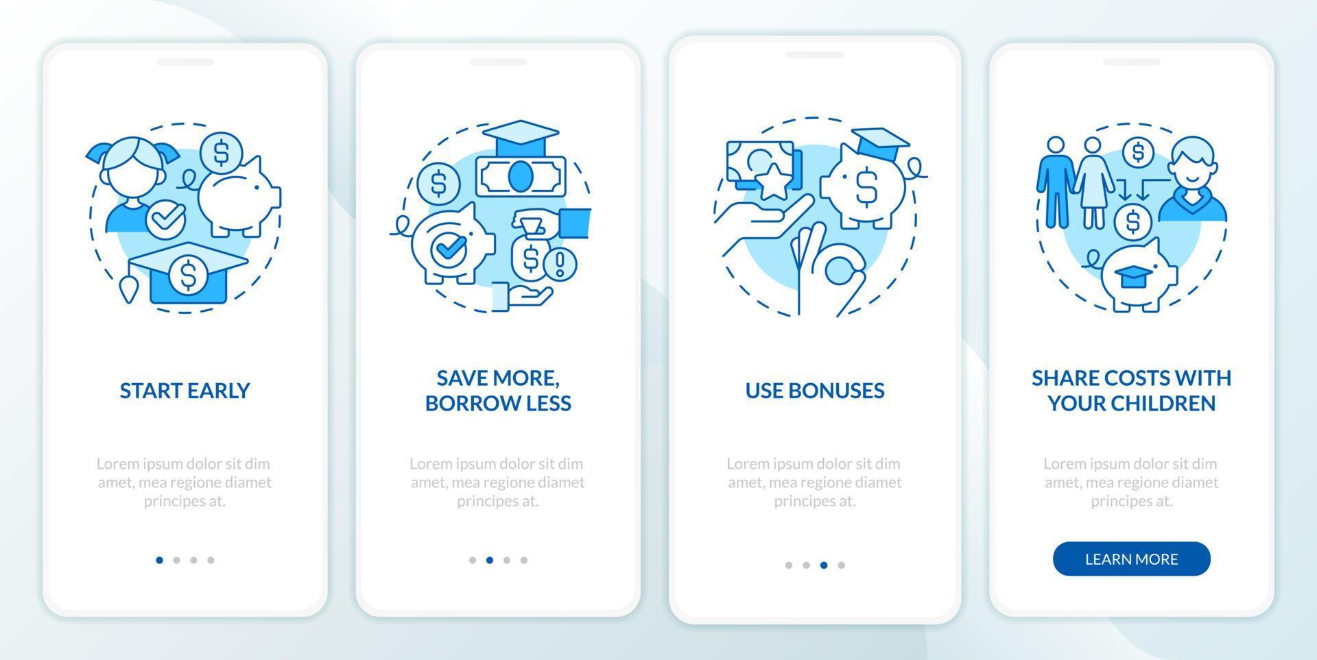 Tips for saving for college blue onboarding mobile app screen. Walkthrough 4 steps editable graphic instructions with linear concepts. UI, UX, GUI template. vector