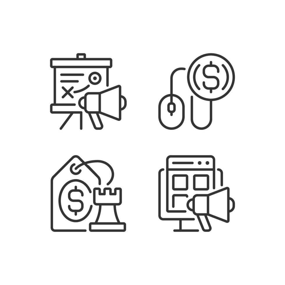 Internet marketing strategies pixel perfect linear icons set. Pay per click. Best price. Online promotion. Customizable thin line symbols. Isolated vector outline illustrations. Editable stroke