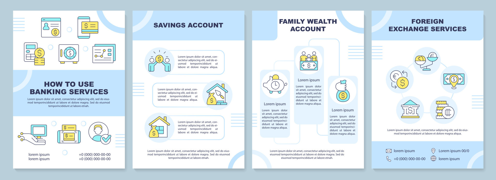 Products of bank blue brochure template. Financial service. Leaflet