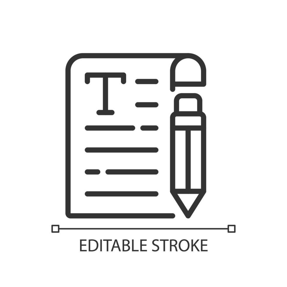 Copywriting pixel perfect linear icon. Writing text for advertising. SEO content creation. Thin line illustration. Contour symbol. Vector outline drawing. Editable stroke.