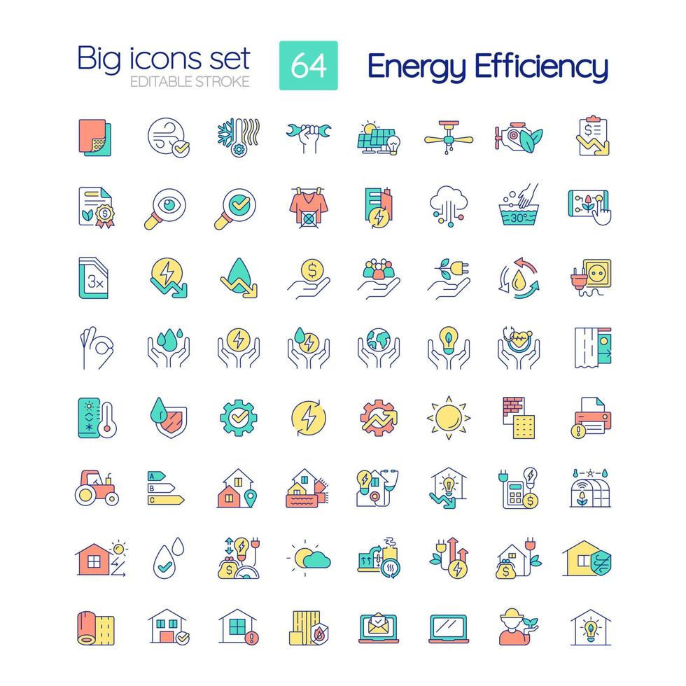 Energy efficiency RGB color icons set. Power conservation. Sustainability. Isolated vector illustrations. Simple filled line drawings collection. Editable stroke.