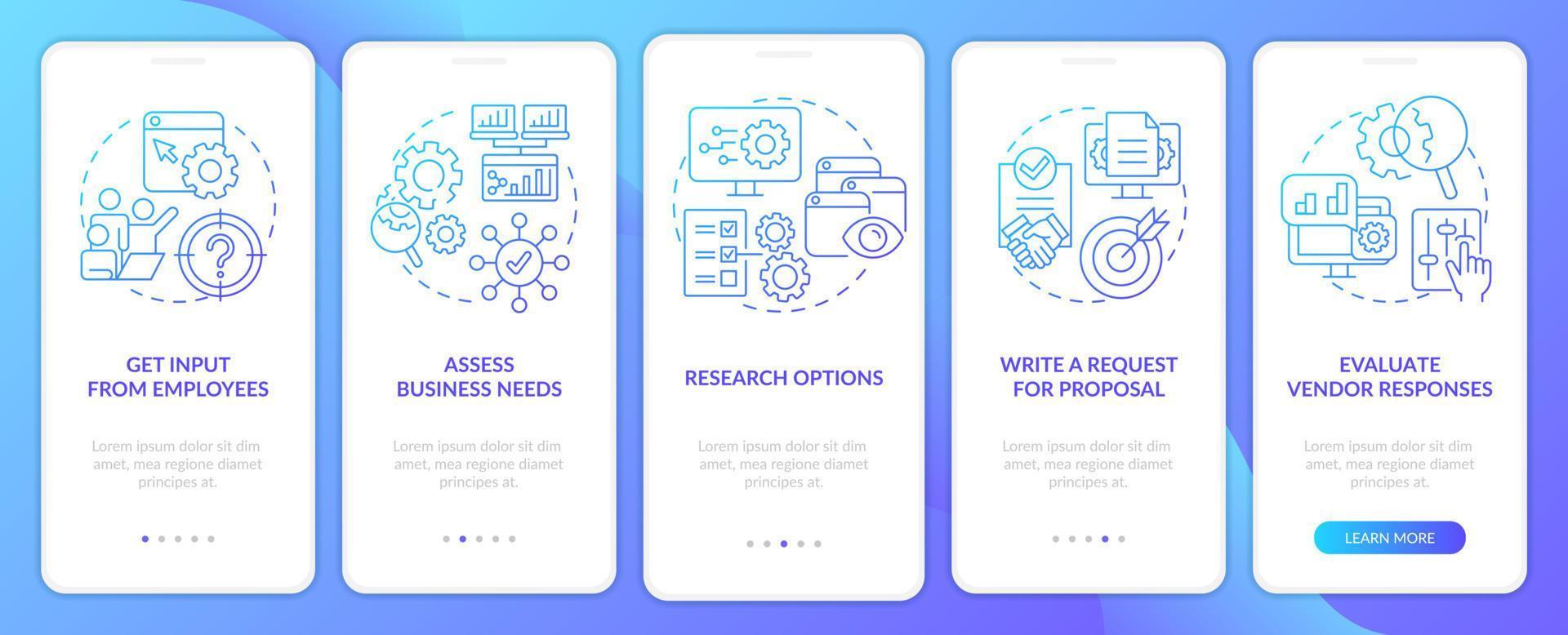 seleccionando una buena pantalla de aplicación móvil de incorporación de degradado azul de cms. tutorial de respuestas de proveedores instrucciones gráficas de 5 pasos con conceptos lineales. interfaz de usuario, ux, plantilla de interfaz gráfica de usuario. vector