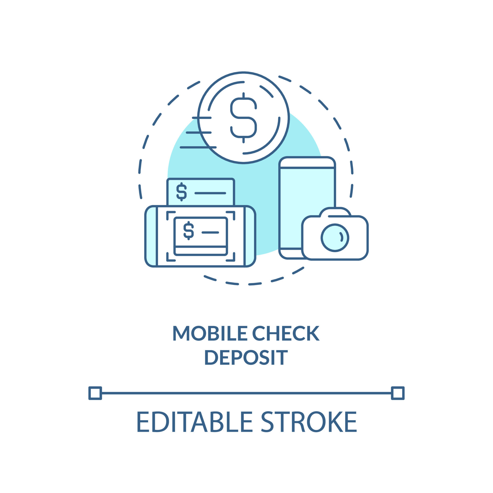 Mobile check deposit turquoise concept icon. Online access to savings