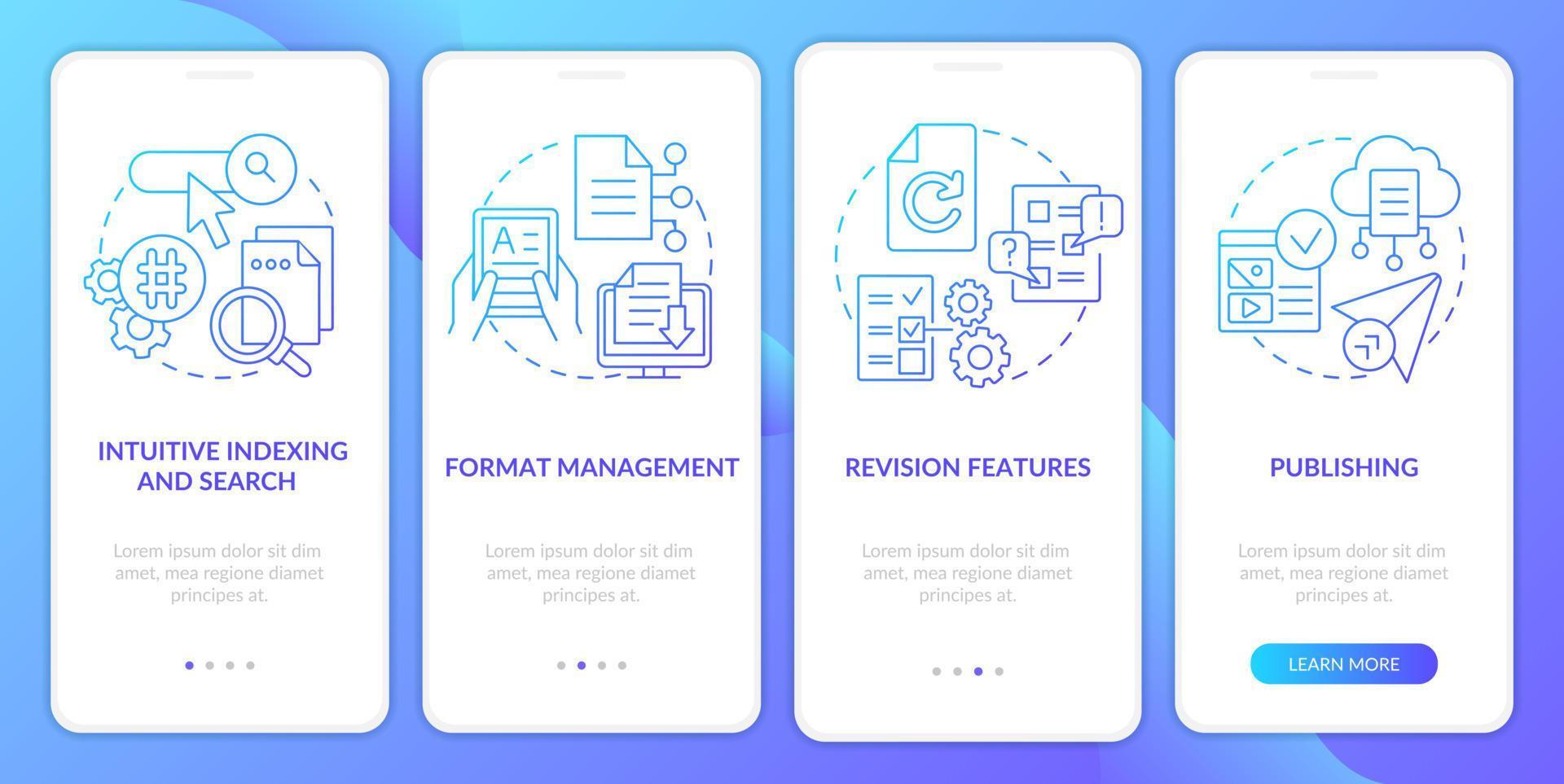 Key CMS characteristics blue gradient onboarding mobile app screen. Walkthrough 4 steps graphic instructions with linear concepts. UI, UX, GUI template. vector