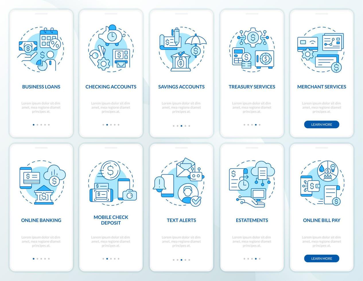 Business bank and digitization blue onboarding mobile app screen set. Walkthrough 5 steps editable graphic instructions with linear concepts. UI, UX, GUI template. vector