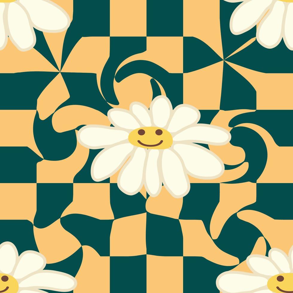 Retro Smile Chamomile Seamless Pattern on 1970 Wavy Swirl Seamless Pattern. Hippie Aesthetic. vector