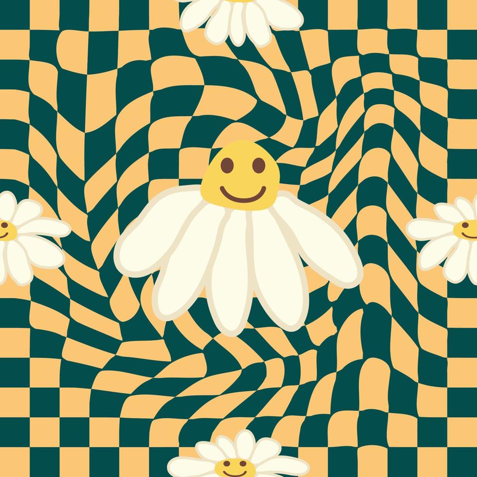 Retro Smile Chamomile Seamless Pattern on 1970 Wavy Swirl Seamless Pattern. Hippie Aesthetic. vector