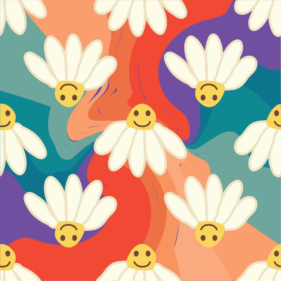 Retro Smile Chamomile Seamless Pattern on 1970 Wavy Swirl Seamless Pattern. Hippie Aesthetic. vector