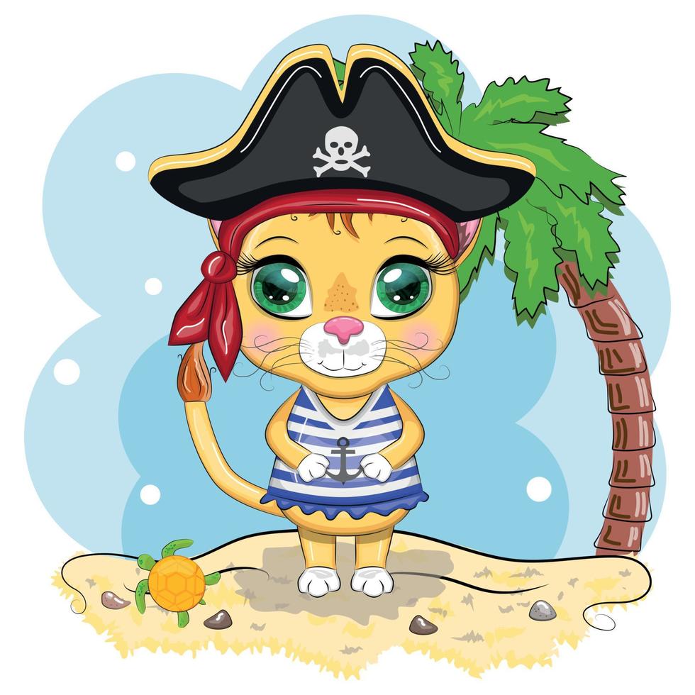 pirata león, personaje de dibujos animados del juego, gato animal salvaje con un pañuelo y un sombrero de tres picos con una calavera, con un parche en el ojo. personaje con ojos brillantes vector