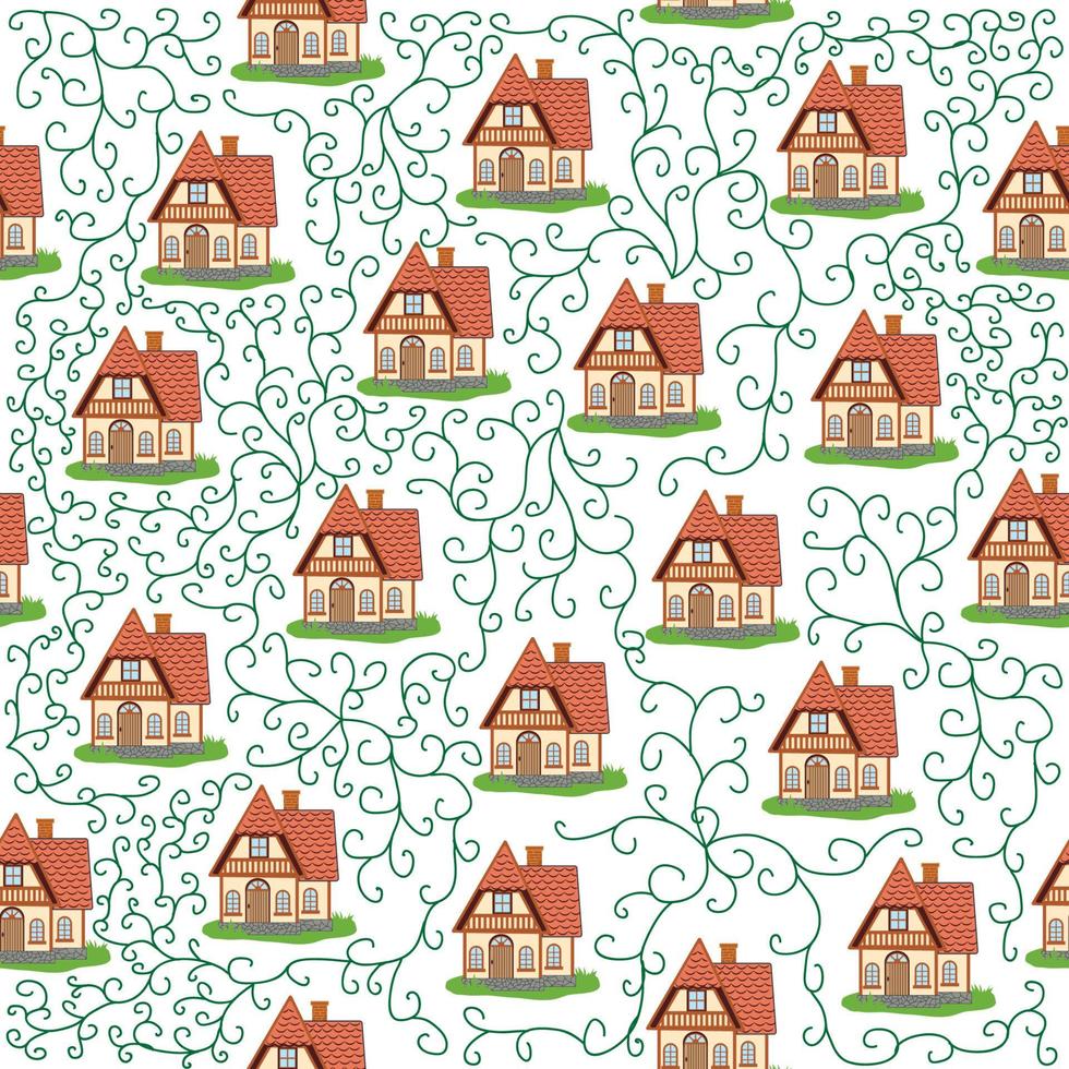 Seamless pattern with houses and ivy branches, plants, English old house, Scandinavian traditions vector