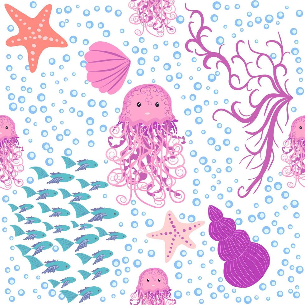 patrón impecable con medusas transparentes detalladas. patrón infantil sin costuras con lindos peces dibujados a mano y medusas en estilo garabato. fondo de vivero de moda vector