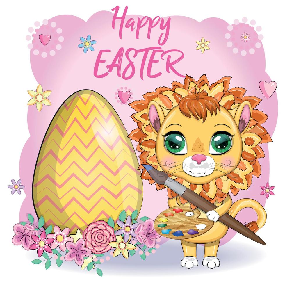 león de dibujos animados con huevo de pascua. personaje con hermosos ojos, infantil. vacaciones de pascua, tarjeta de felicitación vector