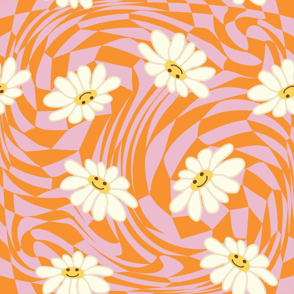 Retro Smile Chamomile Seamless Pattern on 1970 Wavy Swirl Seamless Pattern. Hippie Aesthetic. vector