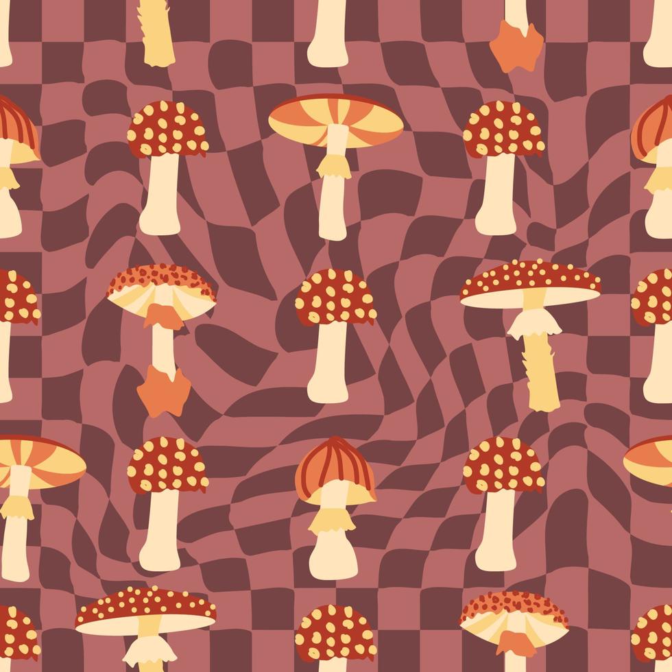 Magic psychedelic drug mushrooms seamless pattern. Psychedelic hallucination. 60-70s hippie colorful art. Vintage psychedelic textile vector