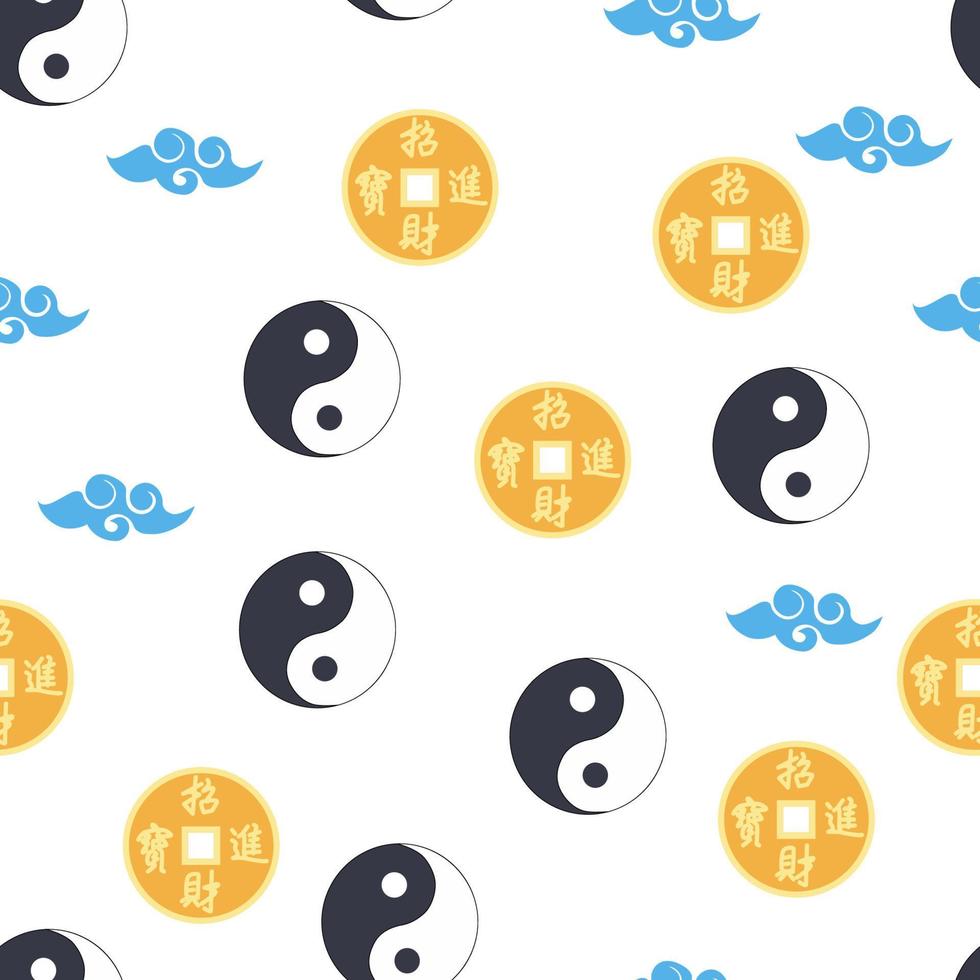 patrón chino sin costuras con moneda china feng shui con agujero, símbolo yin yang vector