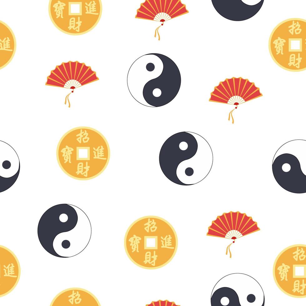 patrón chino sin costuras con moneda china feng shui con agujero, yin-yang, ventilador, linterna de papel vector