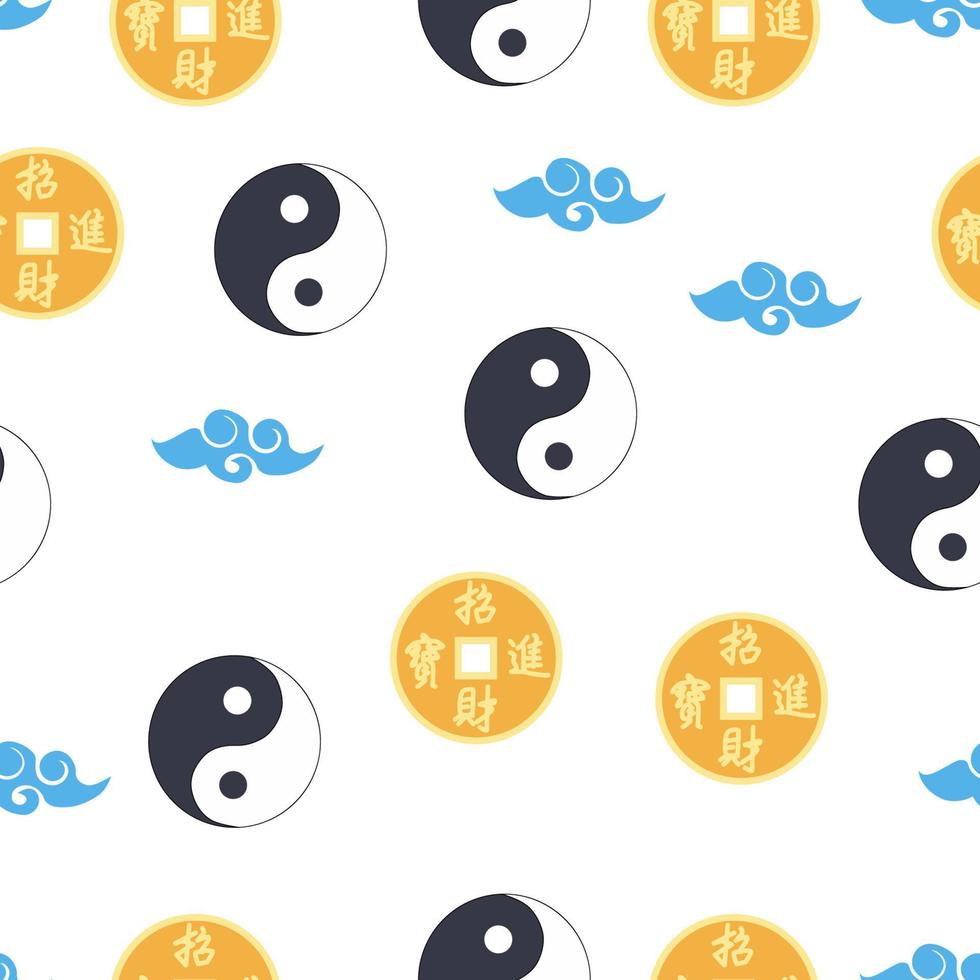 patrón chino sin costuras con moneda china feng shui con agujero, símbolo yin yang vector