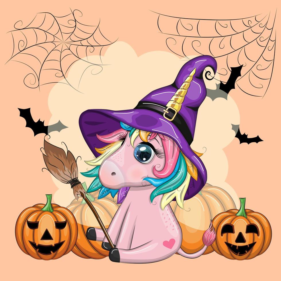 Cute cartoon unicorn in purple witch hat, with pumpkins, potion or broom, Halloween holiday character vector