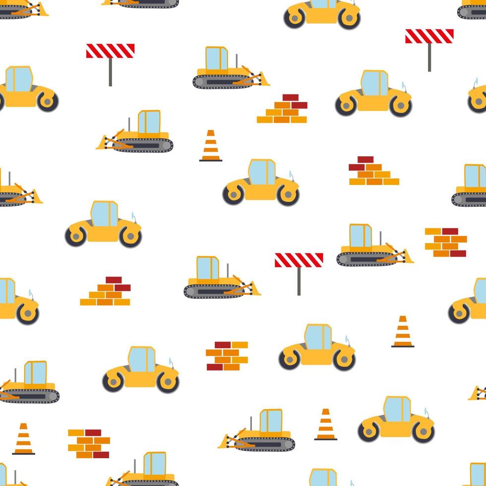 Cute childish seamless pattern with yellow car dump truck, crane, concrete mixer. Construction site illustration in cartoon style vector