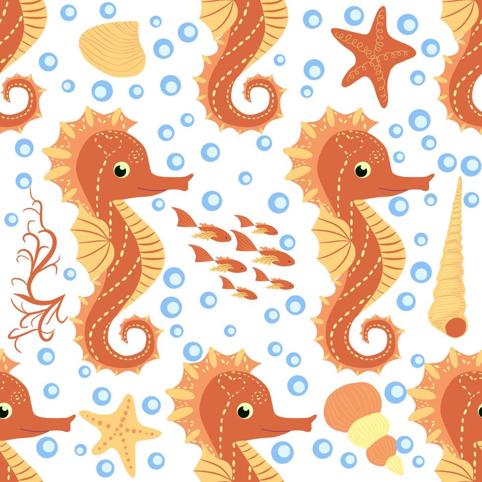 Seahorse and starfish seamless pattern. Sea life summer background. Cute sea life. Design for fabric and decor vector