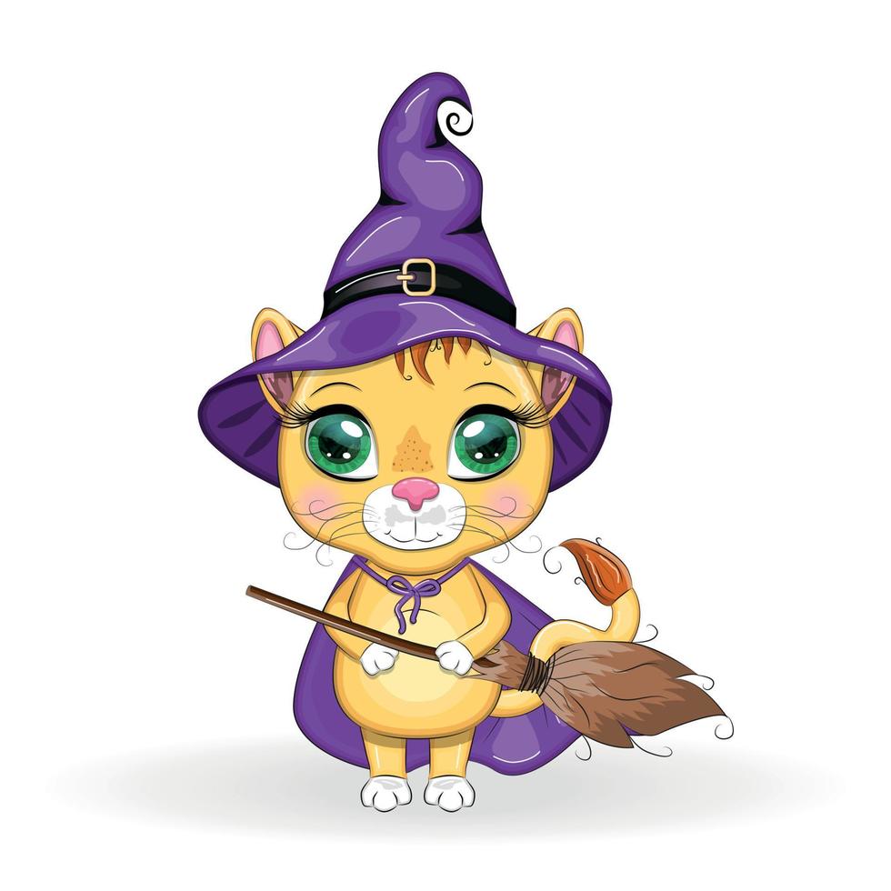 Cute cartoon leo with beautiful eyes, orange in a purple witch's hat and cloak. Halloween 2022. vector