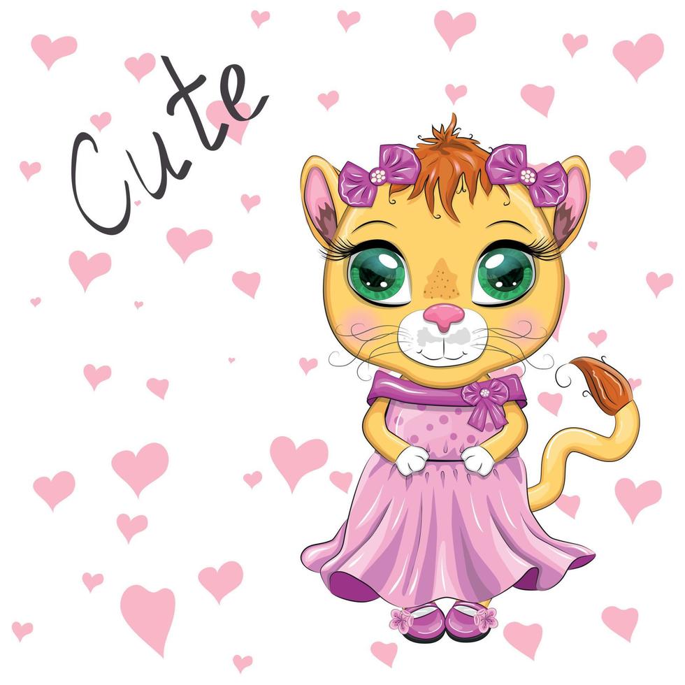 Cartoon lioness in a beautiful dress with bows and flowers. Girl character, wild animal with human traits vector