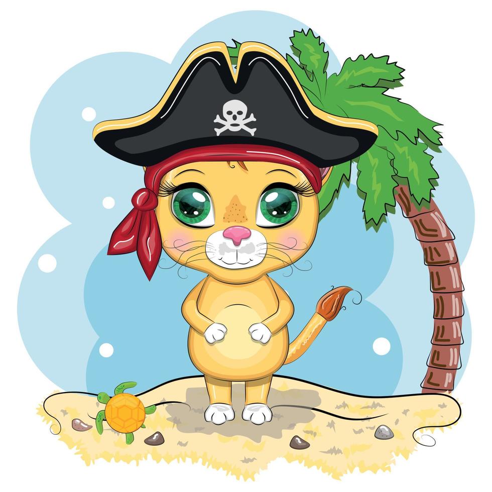 pirata león, personaje de dibujos animados del juego, gato animal salvaje con un pañuelo y un sombrero de tres picos con una calavera, con un parche en el ojo. personaje con ojos brillantes vector