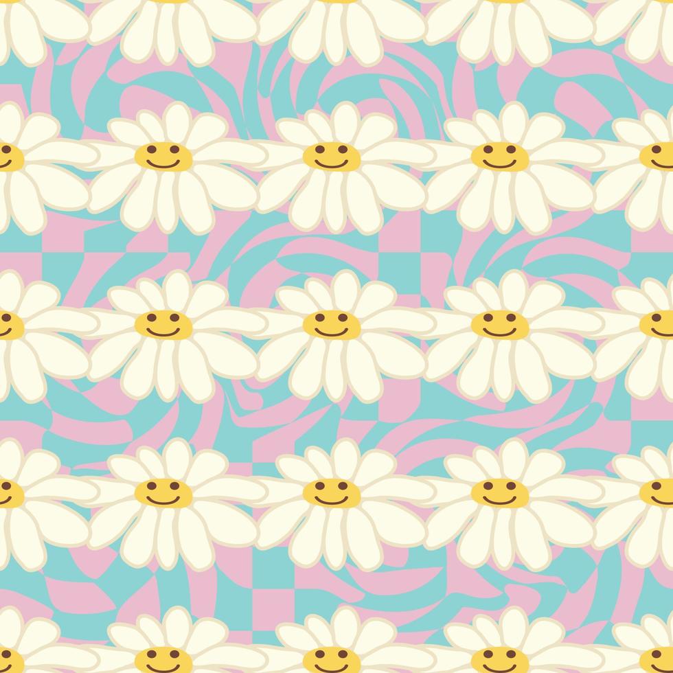 Retro Smile Chamomile Seamless Pattern on 1970 Wavy Swirl Seamless Pattern. Hippie Aesthetic. vector