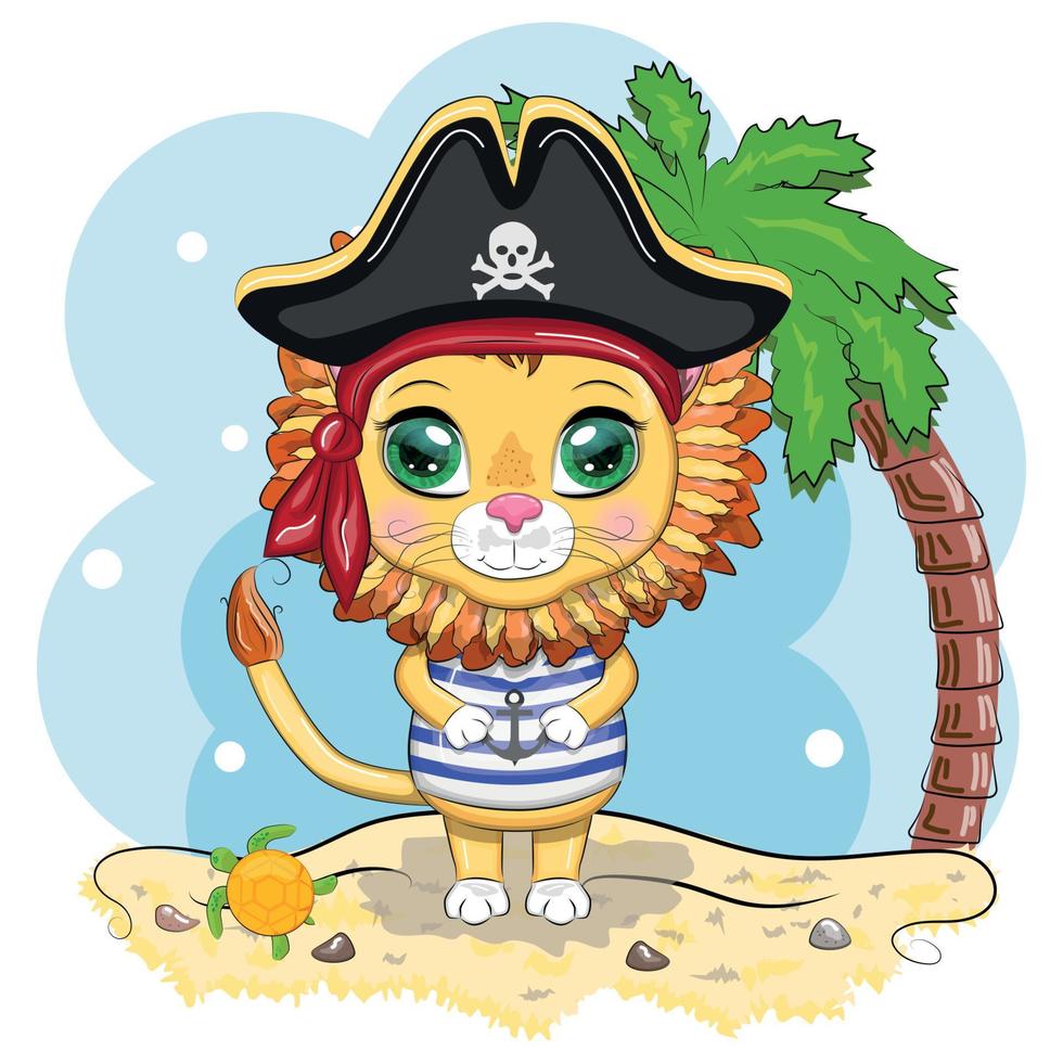 Lion pirate, cartoon character of the game, wild animal cat in a bandana and a cocked hat with a skull, with an eye patch. Character with bright eyes vector