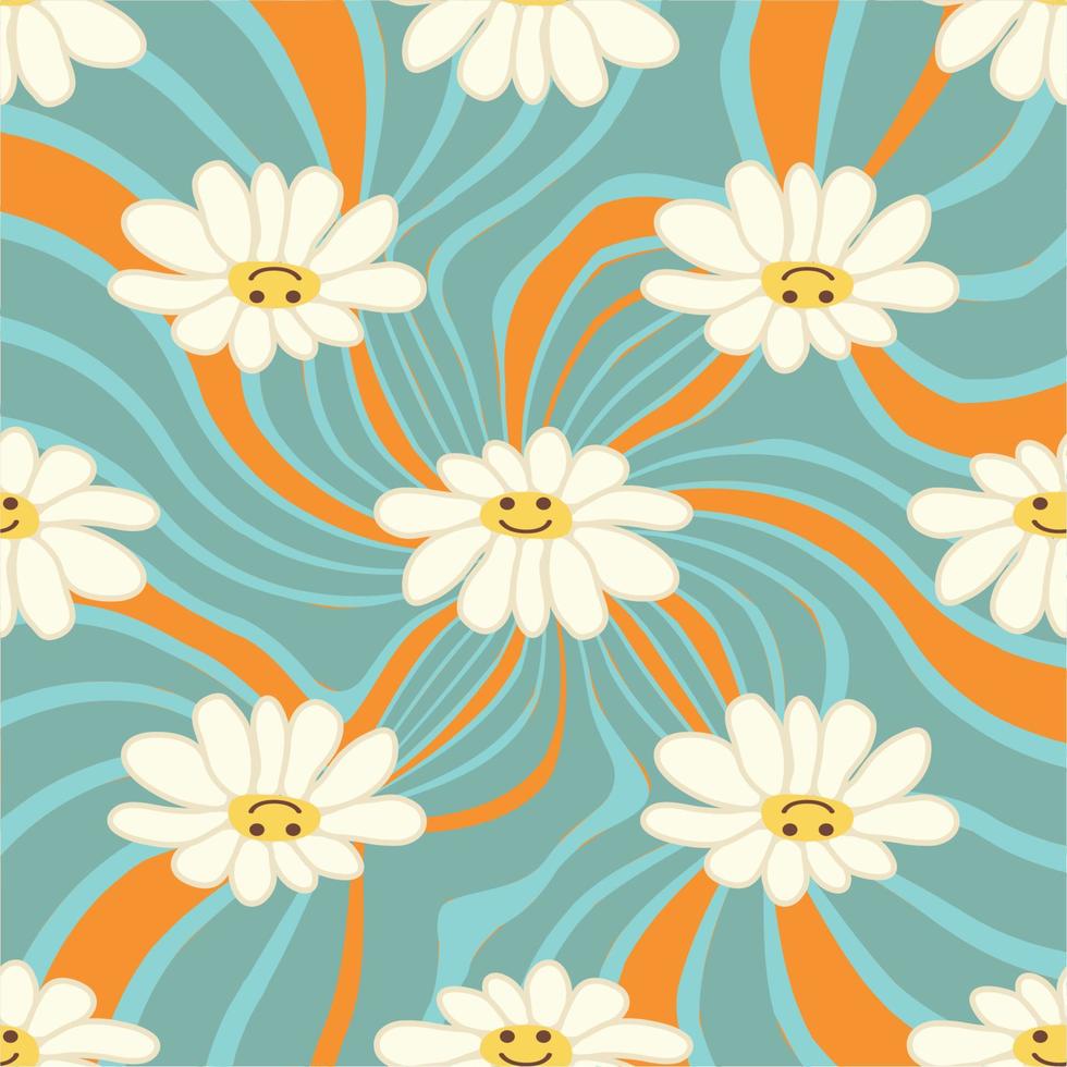 Retro Smile Chamomile Seamless Pattern on 1970 Wavy Swirl Seamless Pattern. Hippie Aesthetic. vector