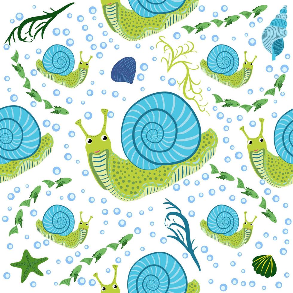 caracol, patrones sin fisuras de los habitantes del mar, hermoso personaje entre conchas marinas, algas marinas, estrellas de mar, animales marinos de la vida silvestre vector