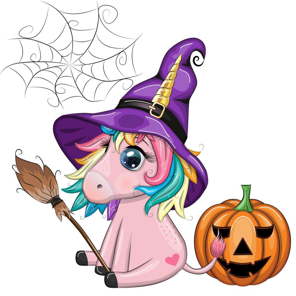 lindo unicornio de dibujos animados con sombrero de bruja púrpura, con calabazas, poción o escoba, personaje de fiesta de halloween vector